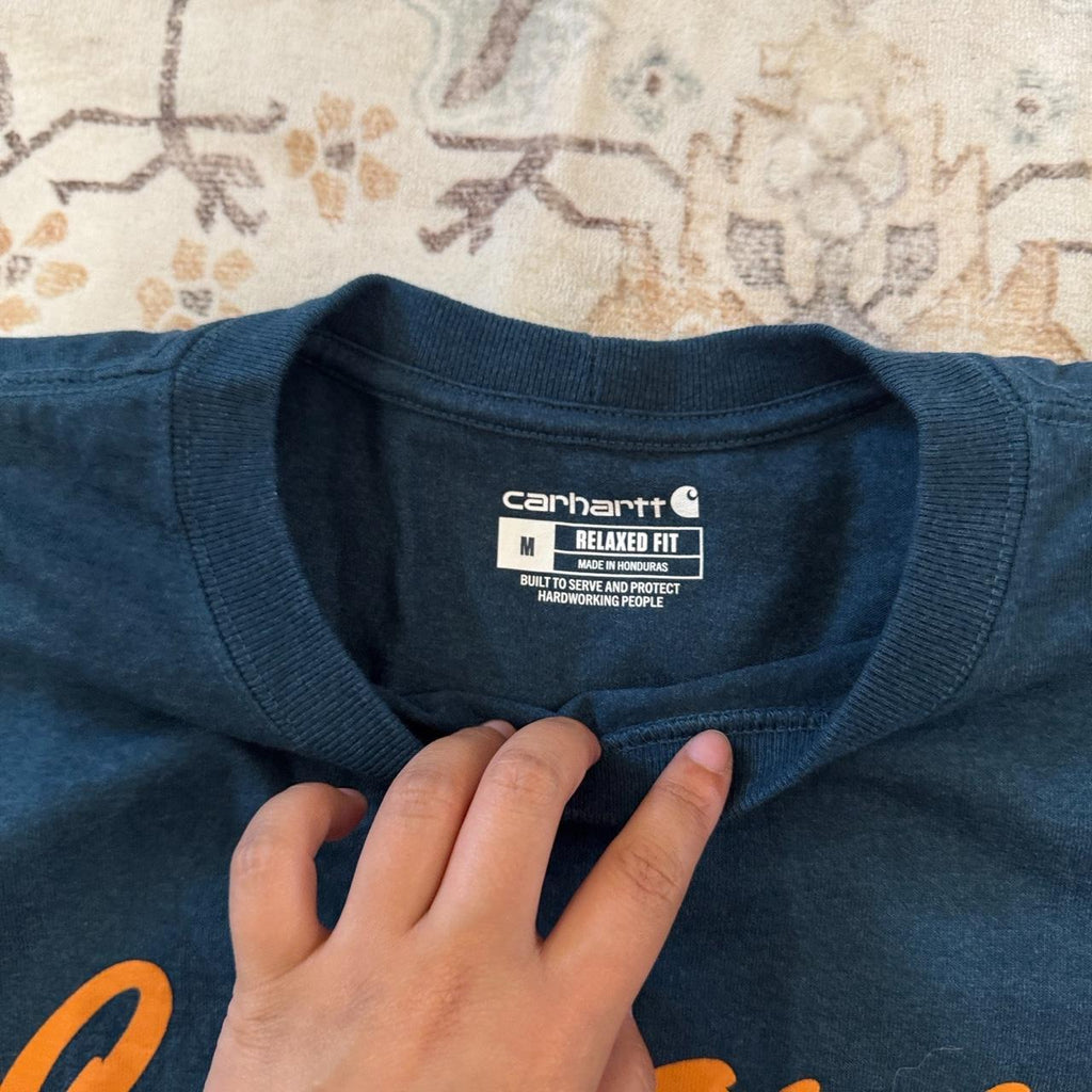 Carhartt Relaxed Fit Navy Blue T-Shirt with Orange Logo Size M