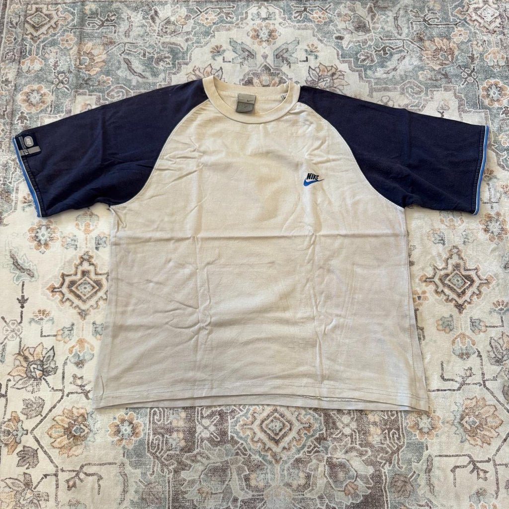 Nike Navy and Cream Vintage Style T-Shirt Size L