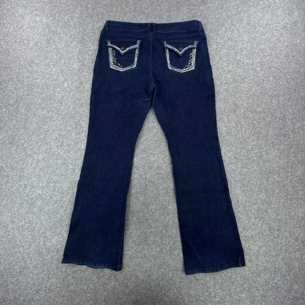 APT.9 dark wash Y2K low-waist bootcut jeans with silver embroidery details