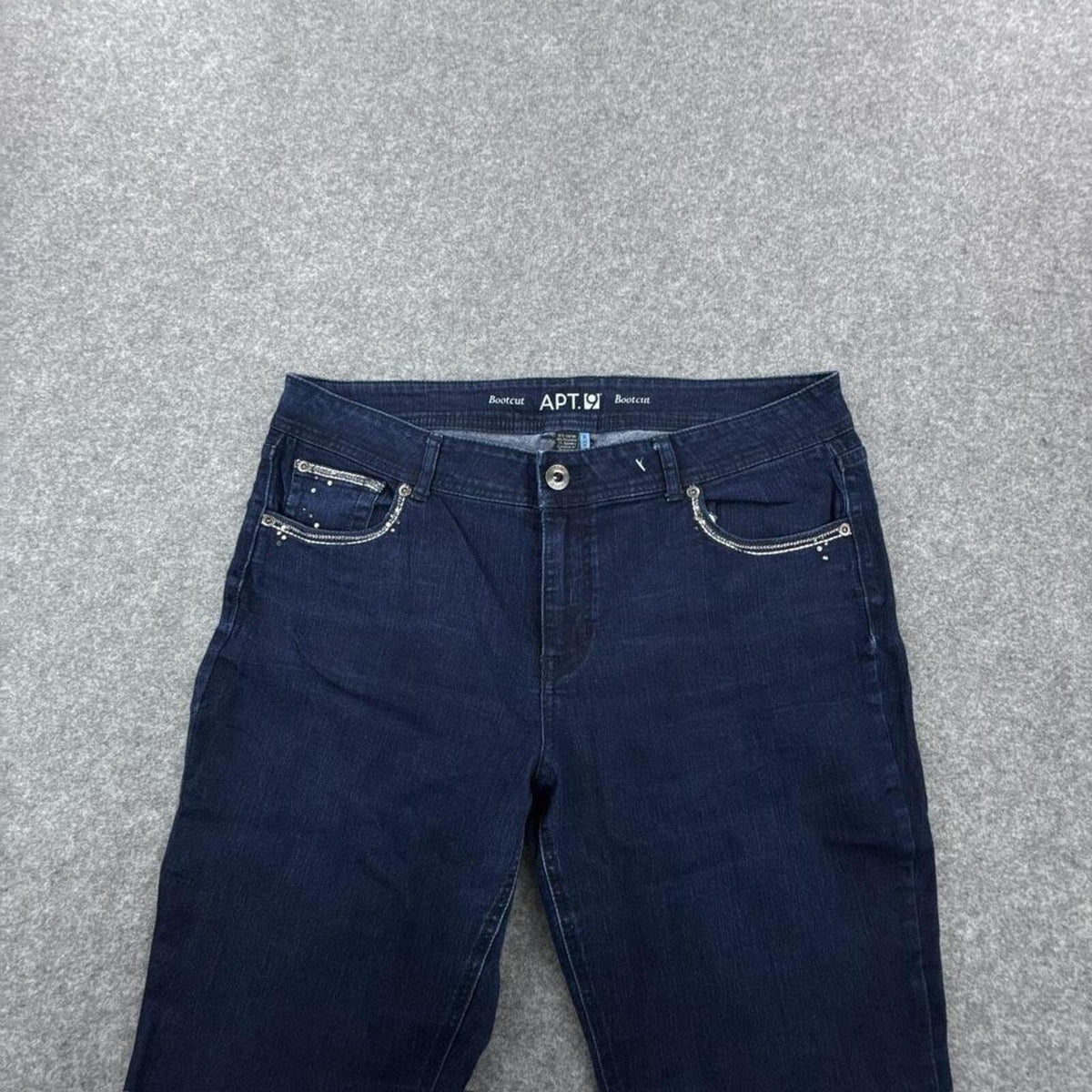 APT.9 dark wash Y2K low-waist bootcut jeans with silver embroidery details