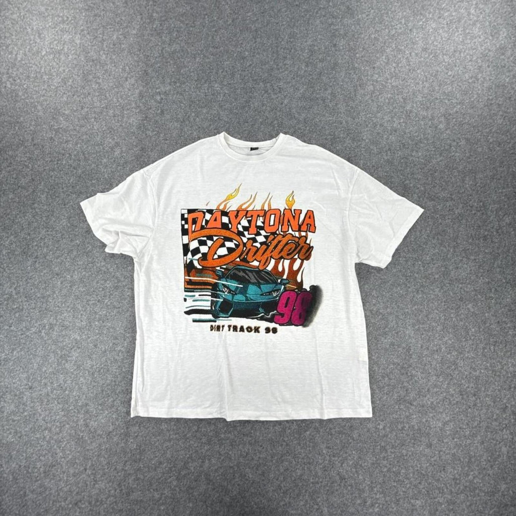 White graphic tee with multi-coloured design