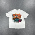 White graphic tee with multi-coloured design