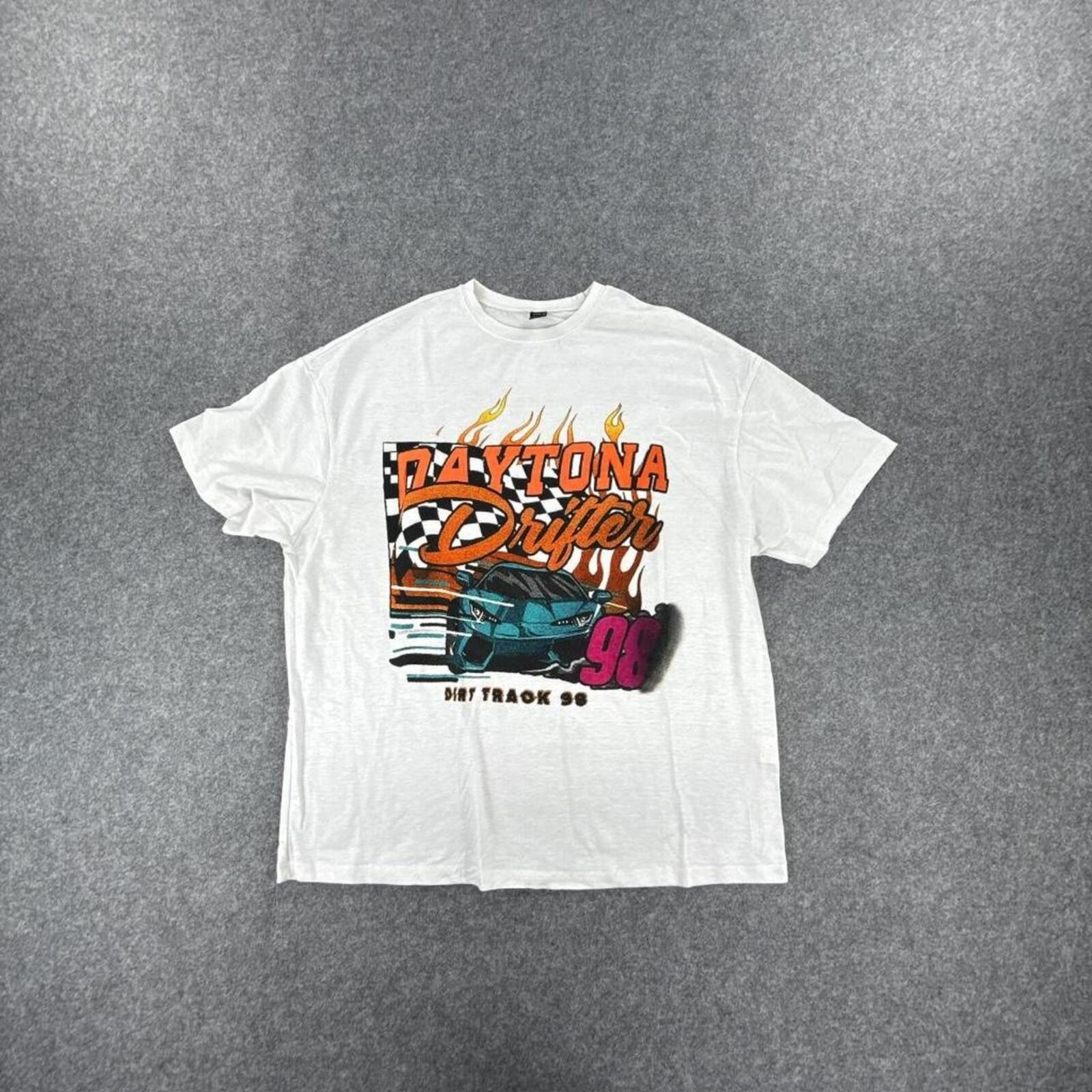 White graphic tee with multi-coloured design