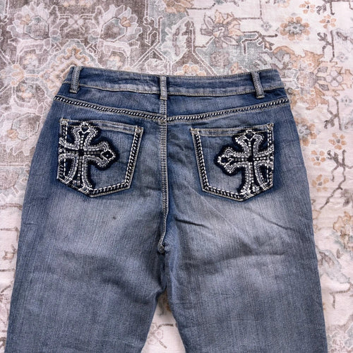 CATO Women’s Y2K Studded Cross Bootcut Jeans in Light Wash W30 (1525)