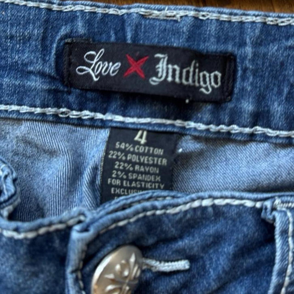 Love Indigo Women’s Y2K Bootcut Jeans with Rhinestone Cross Design Size 4