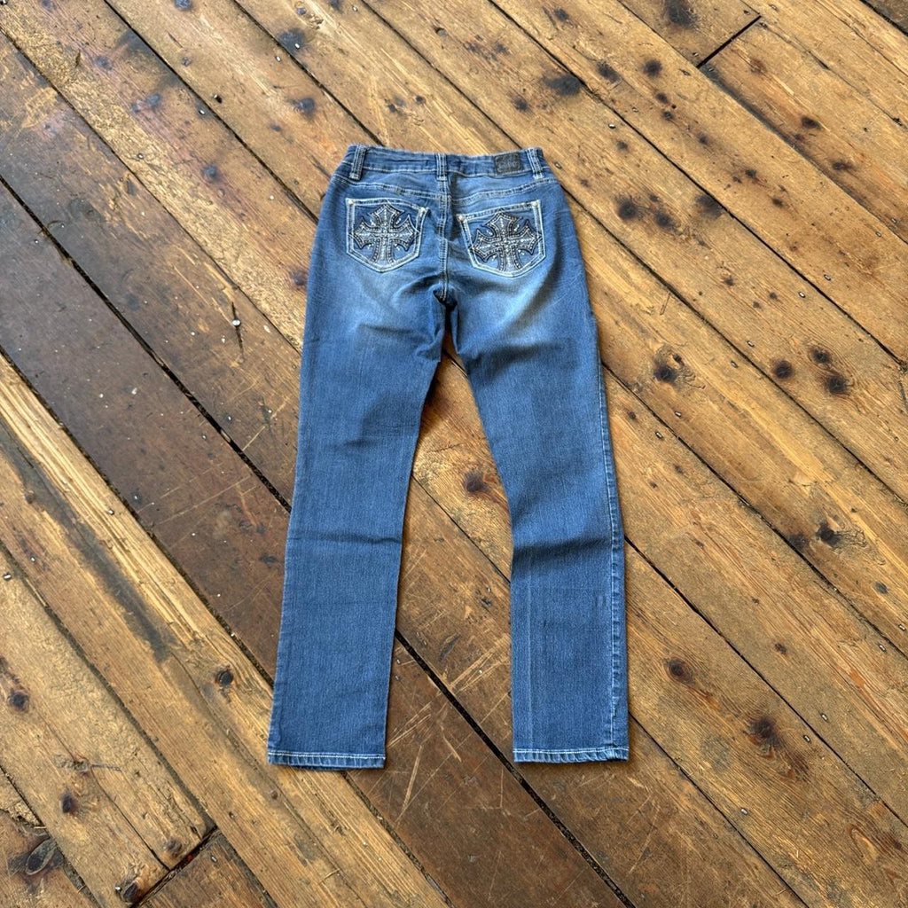 Love Indigo Women’s Y2K Bootcut Jeans with Rhinestone Cross Design Size 4