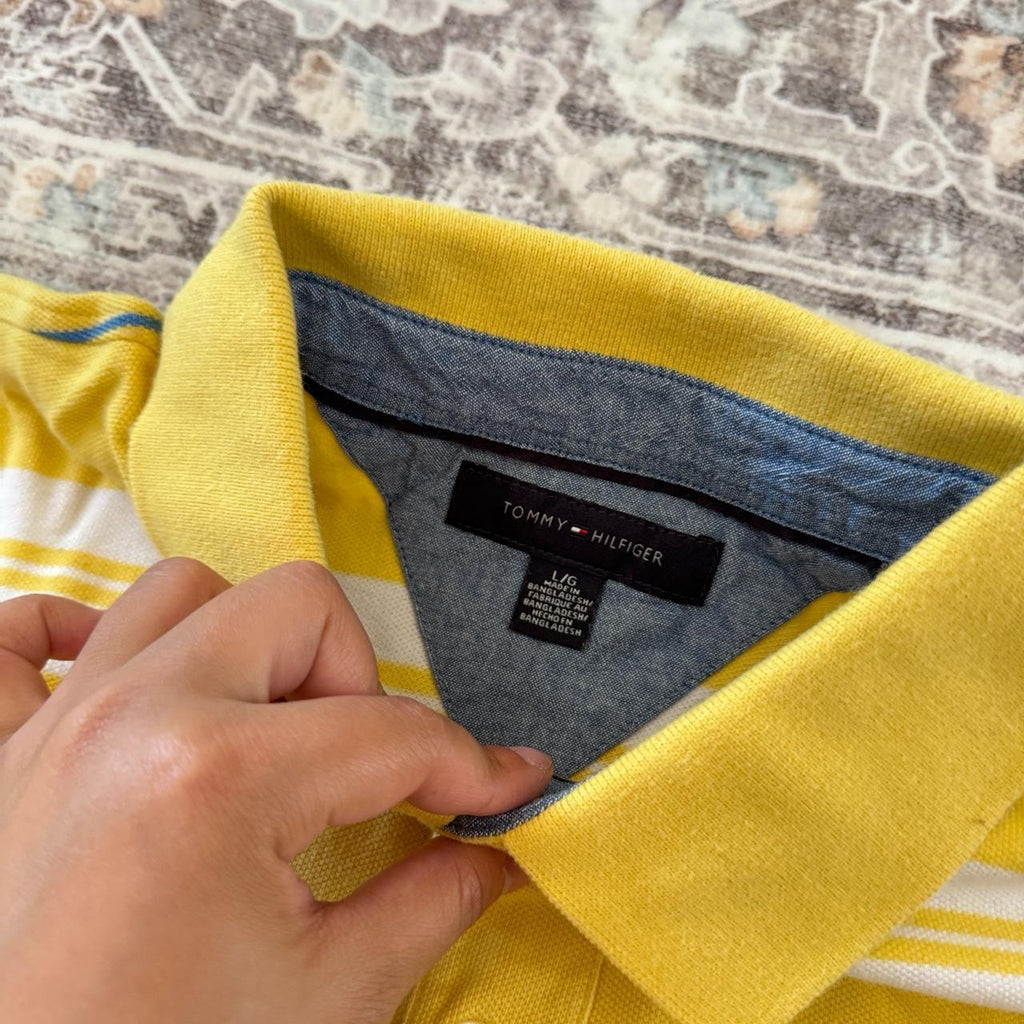 Tommy Hilfiger Yellow and White Striped Polo Shirt Size L