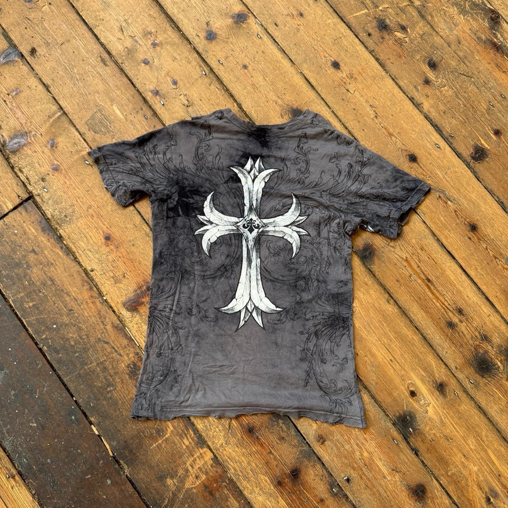 Affliction Cut-out Distressed Cross Graphic Tee in Gray Size S
