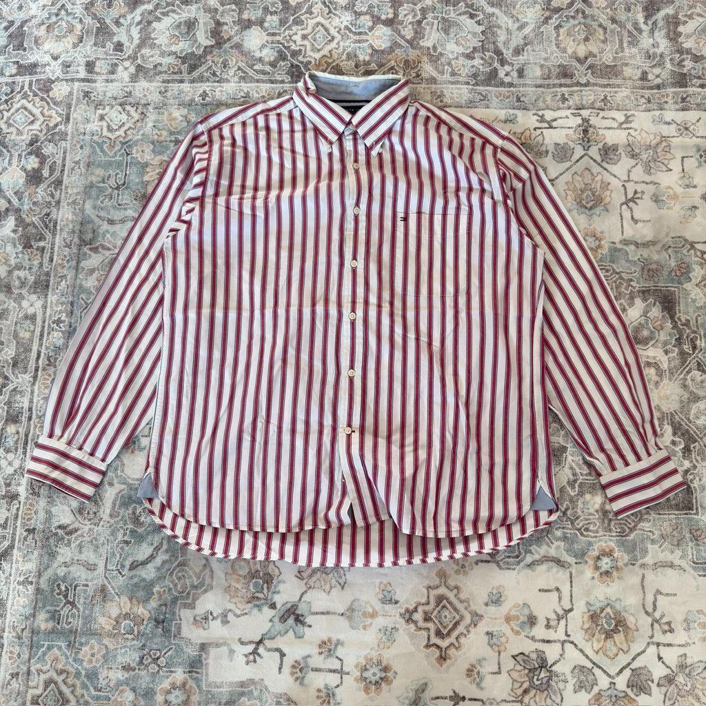 Tommy Hilfiger Red and White Striped Button-up Long-sleeved Shirt Size XL