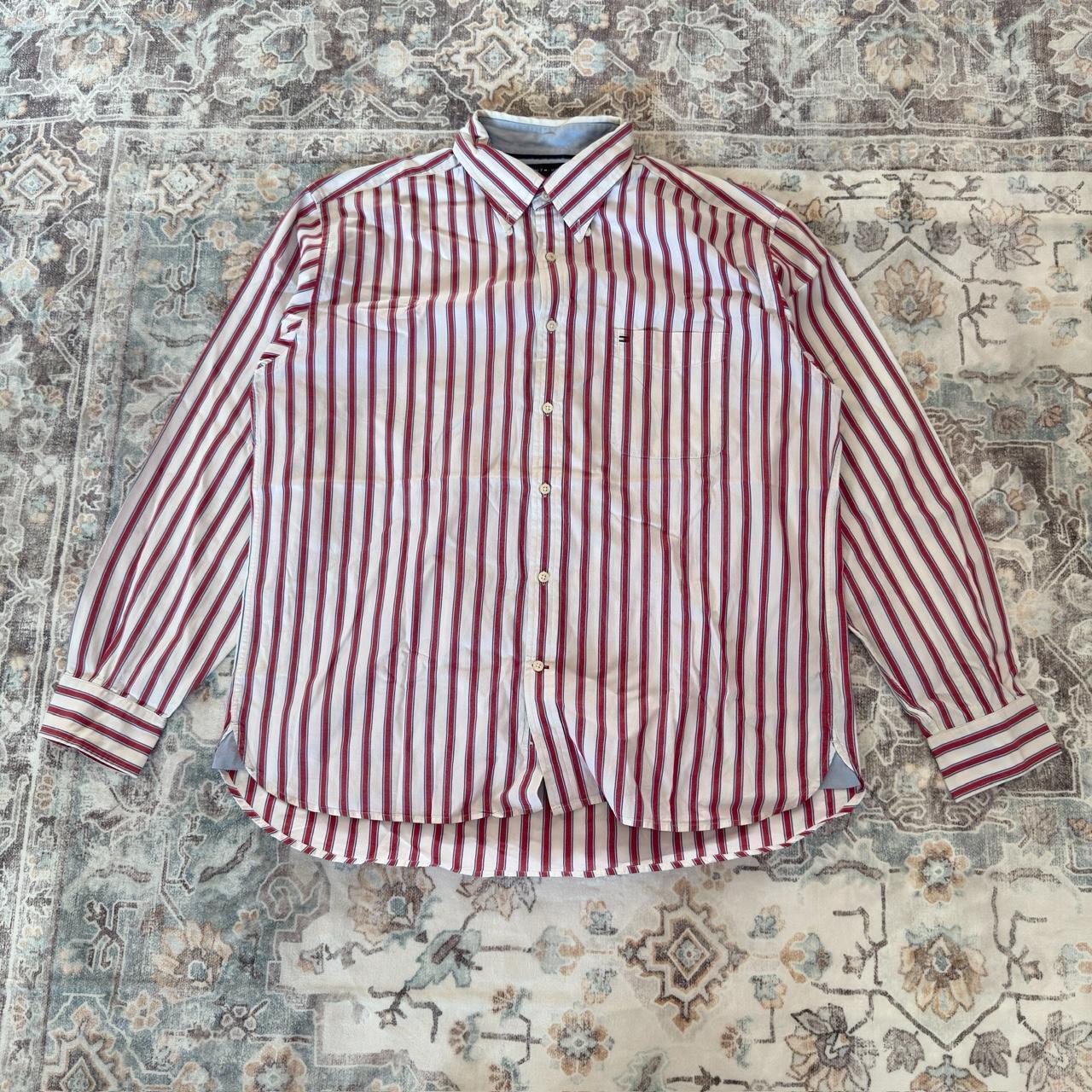 Tommy Hilfiger Red and White Striped Button-up Long-sleeved Shirt Size XL