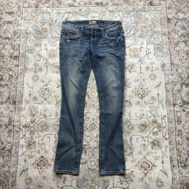 Be Rock Y2K Light Wash Skinny Jeans with Embroidered Pockets