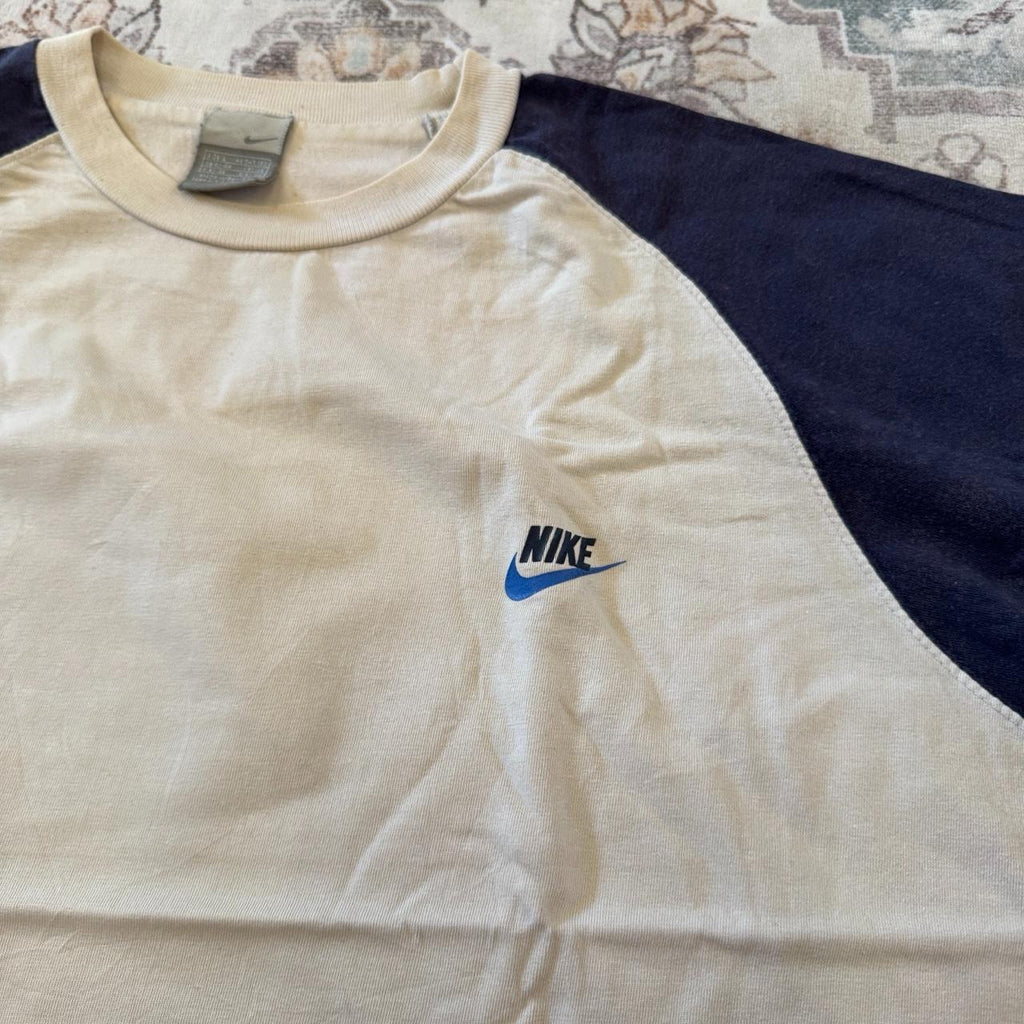 Nike Navy and Cream Vintage Style T-Shirt Size L