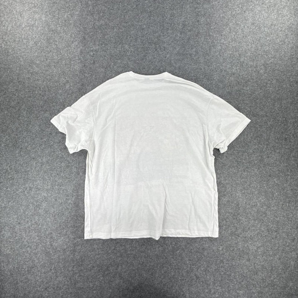 White graphic tee with multi-coloured design