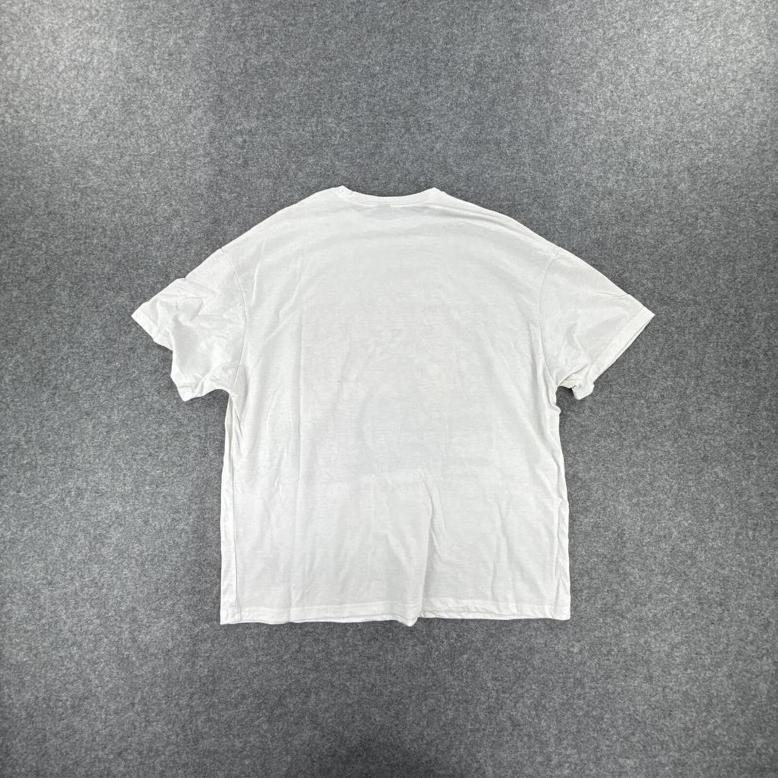 White graphic tee with multi-coloured design