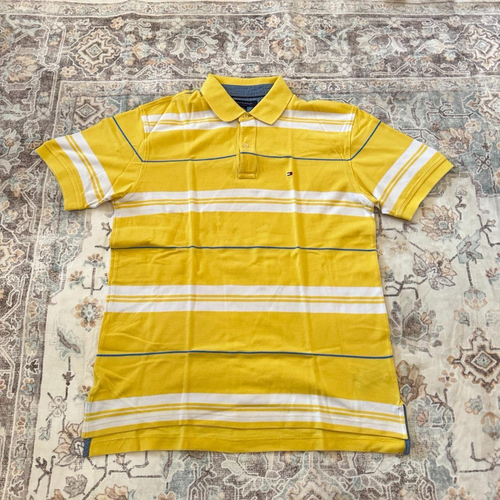 Tommy Hilfiger Yellow and White Striped Polo Shirt Size L