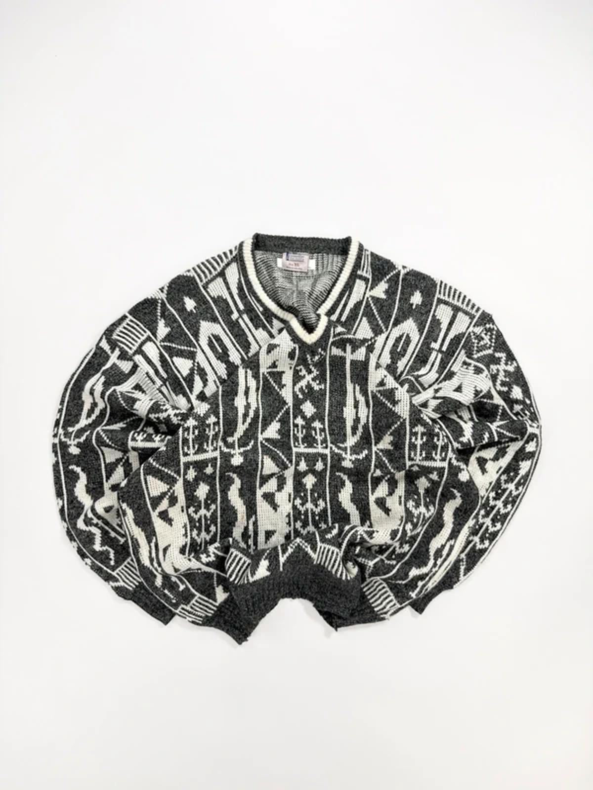 Vintage Knit Jumper Grey Abstract Pattern
