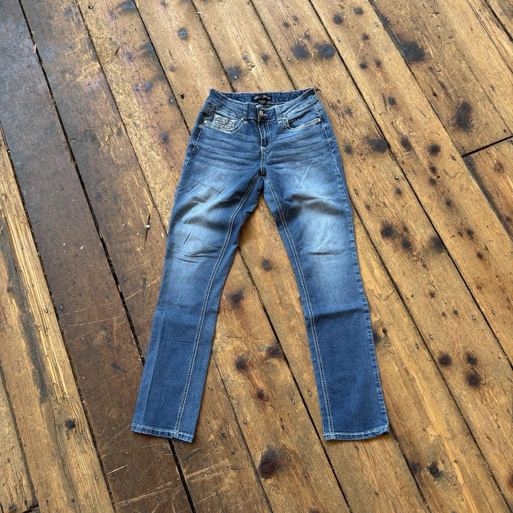 Love Indigo Women’s Y2K Bootcut Jeans with Rhinestone Cross Design Size 4