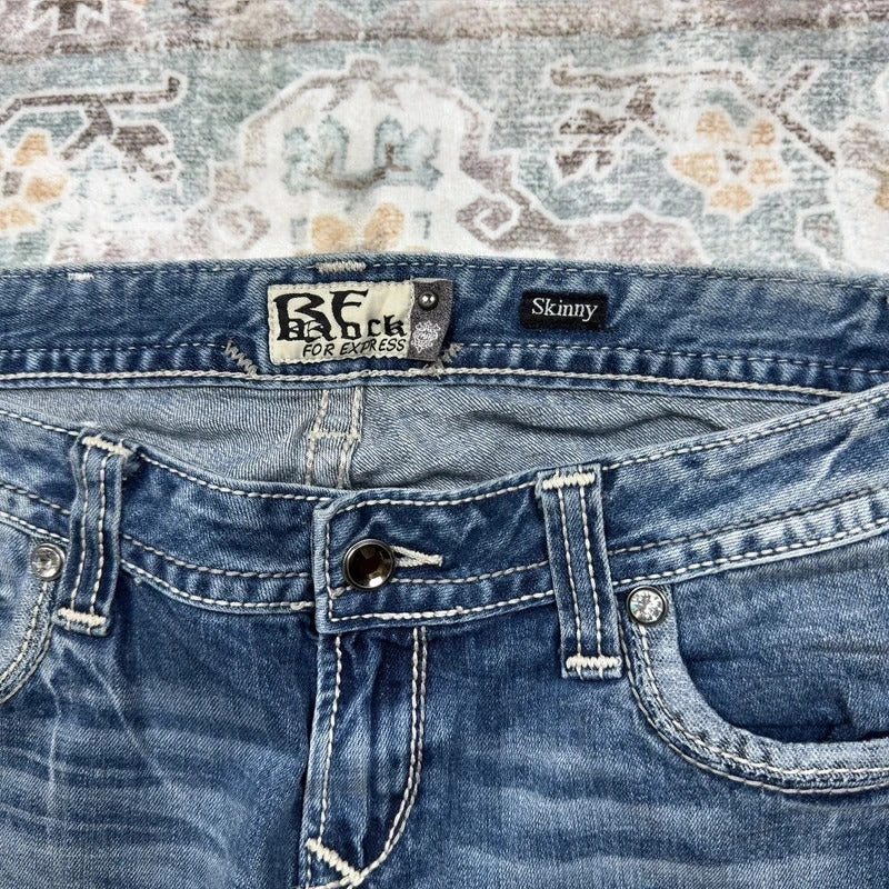 Be Rock Y2K Light Wash Skinny Jeans with Embroidered Pockets