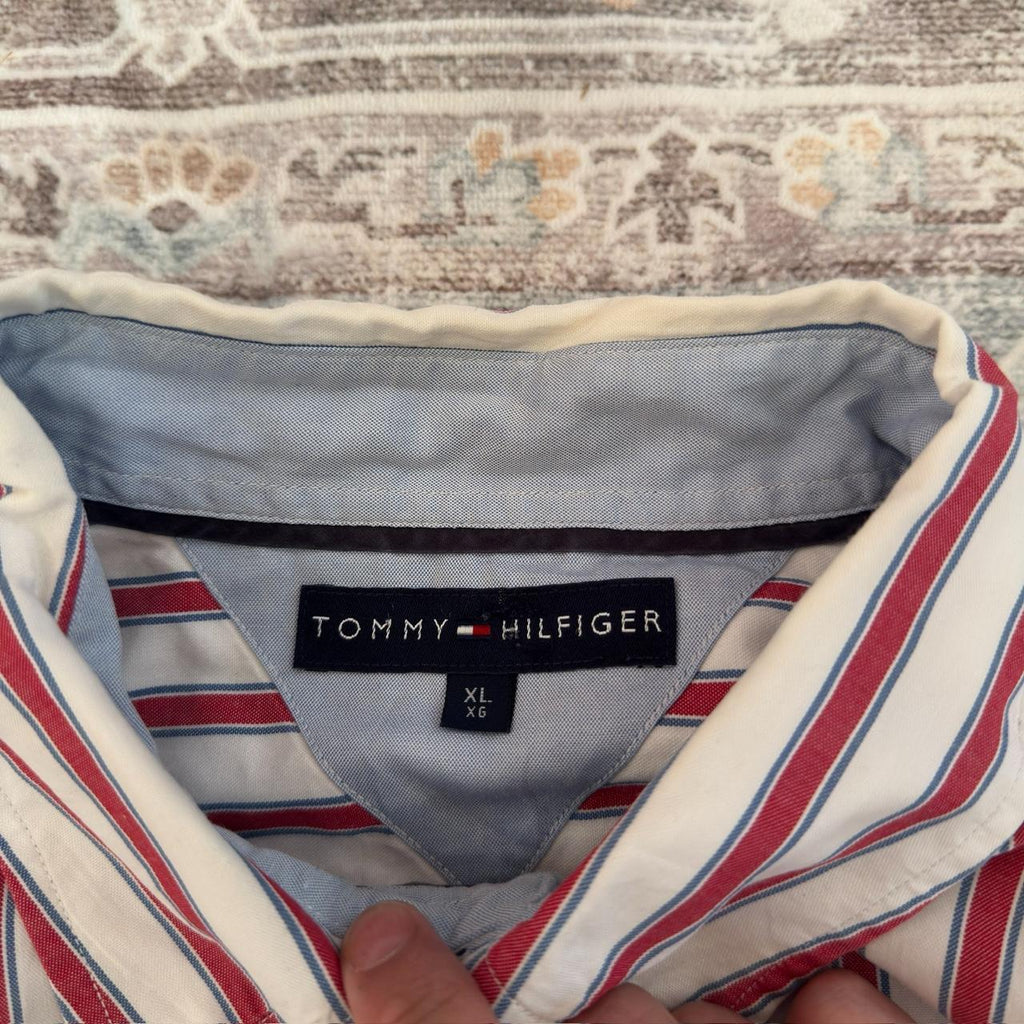 Tommy Hilfiger Red and White Striped Button-up Long-sleeved Shirt Size XL