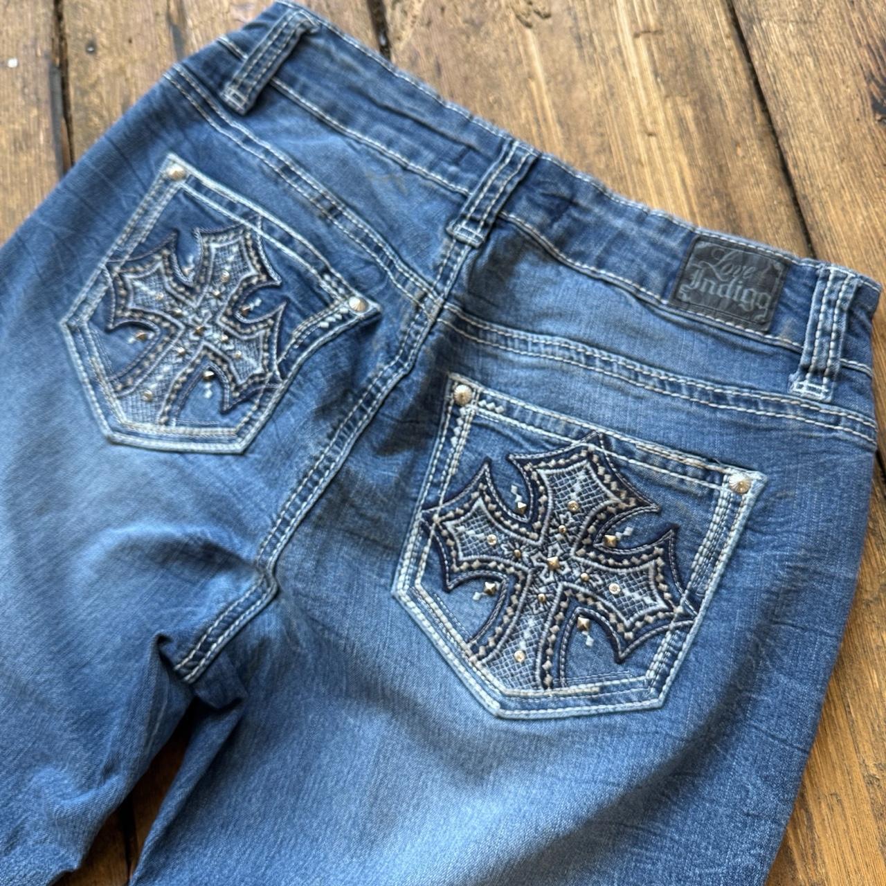 Love Indigo Women’s Y2K Bootcut Jeans with Rhinestone Cross Design Size 4