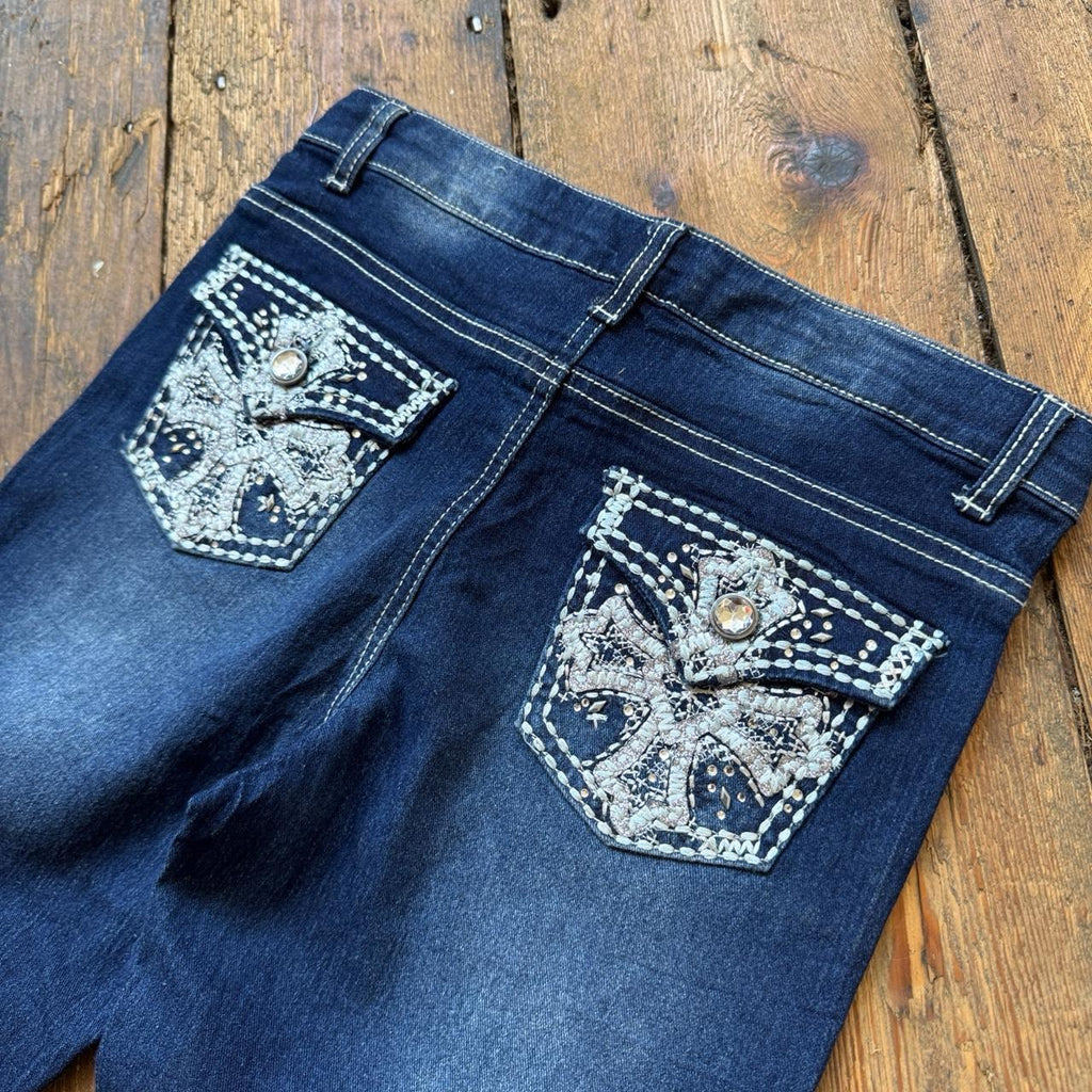 Faded Glory Women’s Y2K Skinny Jeans Dark Wash with Cross Design Size 14