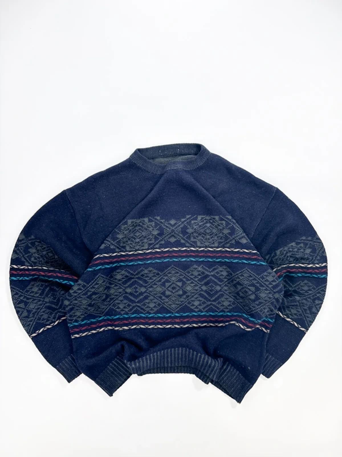 Vintage Pattern Knit Sweater Navy Fair Isle Style