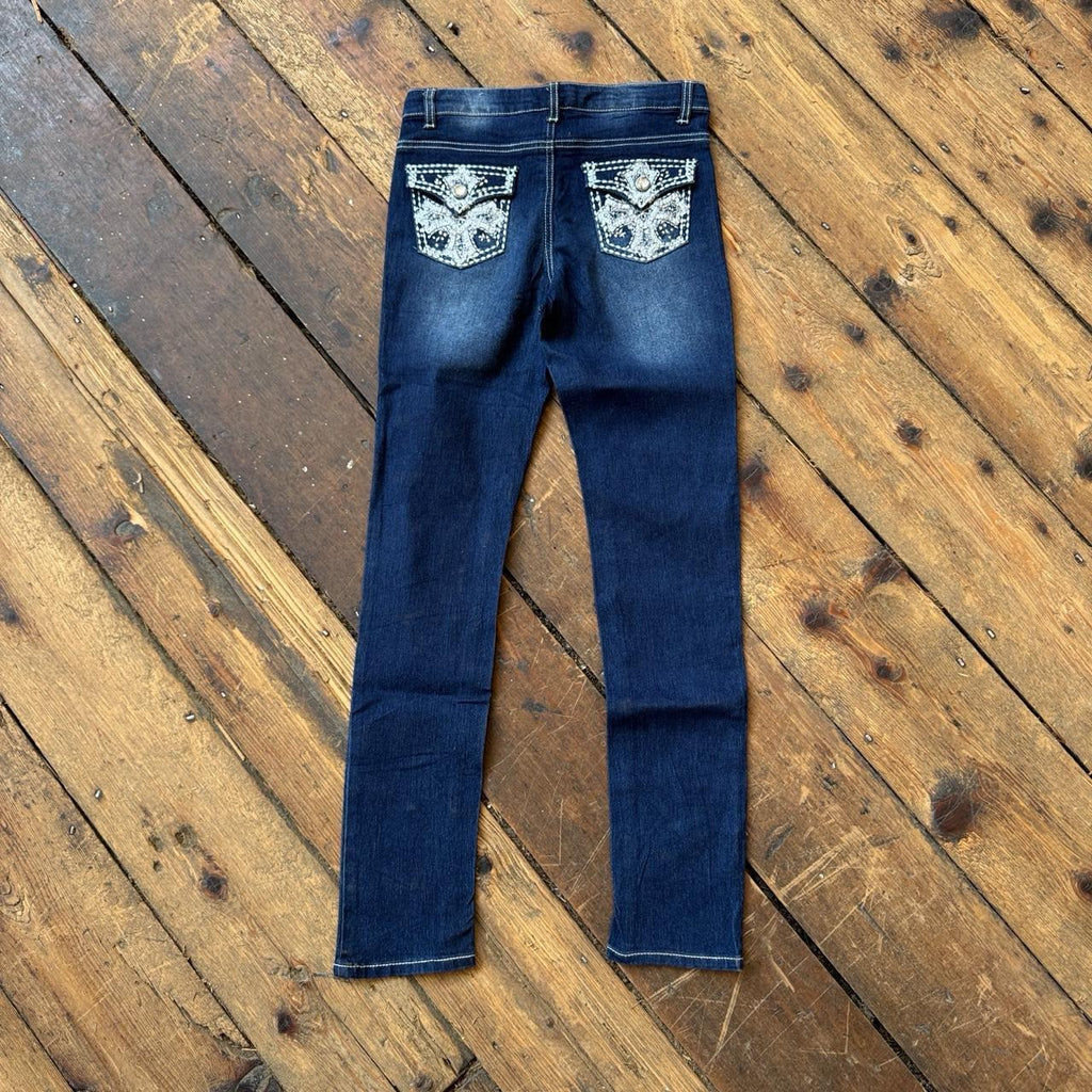 Faded Glory Women’s Y2K Skinny Jeans Dark Wash with Cross Design Size 14
