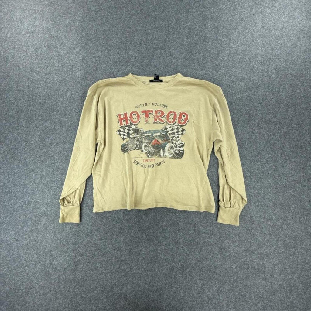 Cream long sleeve graphic tee with Hotrod design