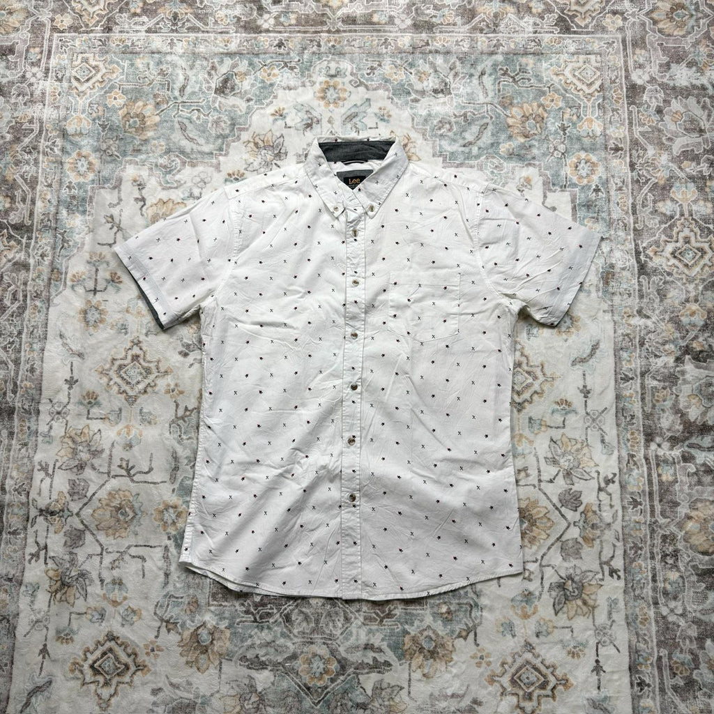 Lee White Button-up Short-sleeved Shirt with Culinary Designs Size L